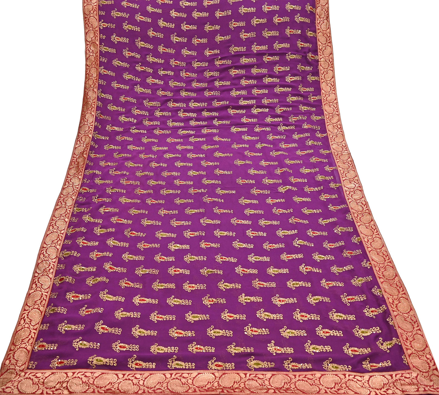 Indian Vintage Heavy Sarees Purple Pure Georgette Silk Hand Embroidered Sari Fabric 5Yd Sewing Ethnic zari with blouse fabric