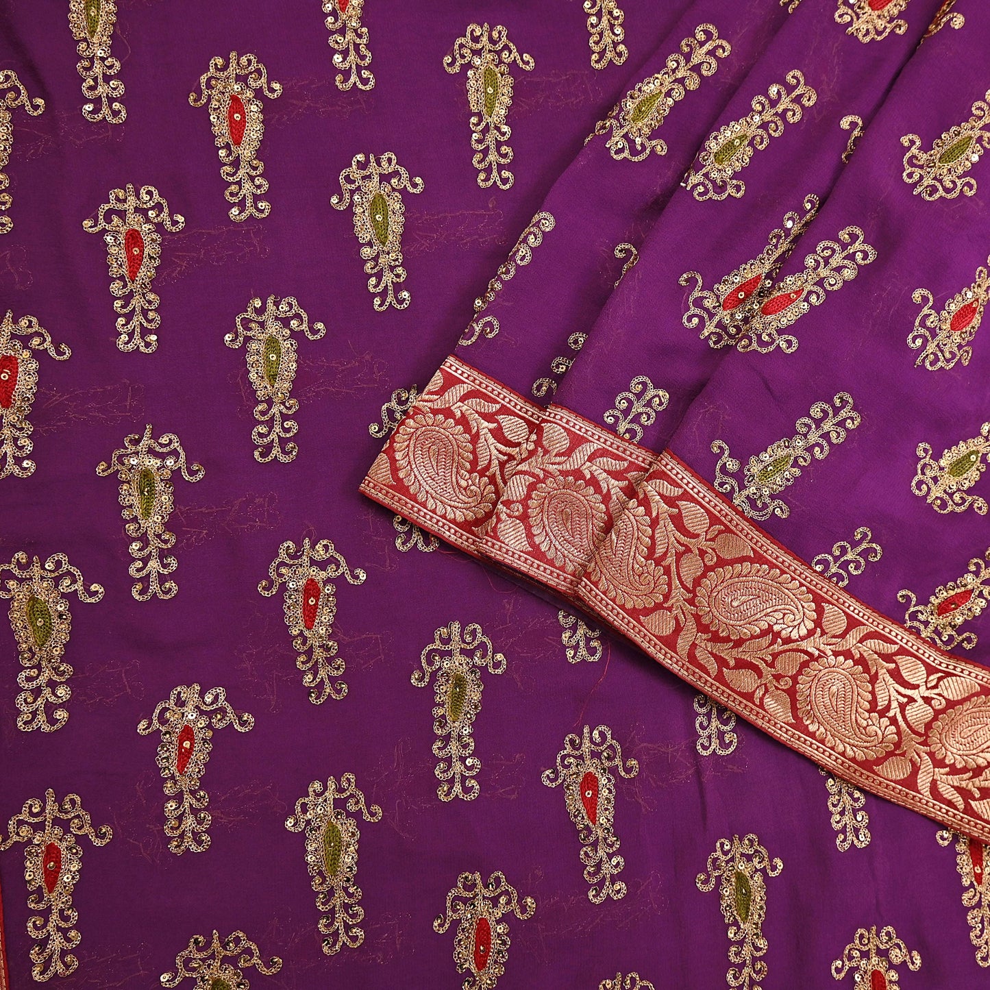Indian Vintage Heavy Sarees Purple Pure Georgette Silk Hand Embroidered Sari Fabric 5Yd Sewing Ethnic zari with blouse fabric