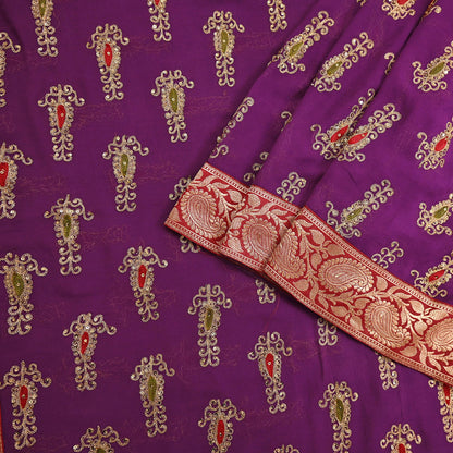 Indian Vintage Heavy Sarees Purple Pure Georgette Silk Hand Embroidered Sari Fabric 5Yd Sewing Ethnic zari with blouse fabric
