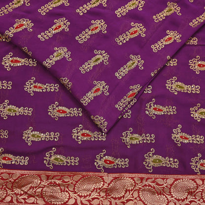 Indian Vintage Heavy Sarees Purple Pure Georgette Silk Hand Embroidered Sari Fabric 5Yd Sewing Ethnic zari with blouse fabric