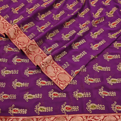 Indian Vintage Heavy Sarees Purple Pure Georgette Silk Hand Embroidered Sari Fabric 5Yd Sewing Ethnic zari with blouse fabric