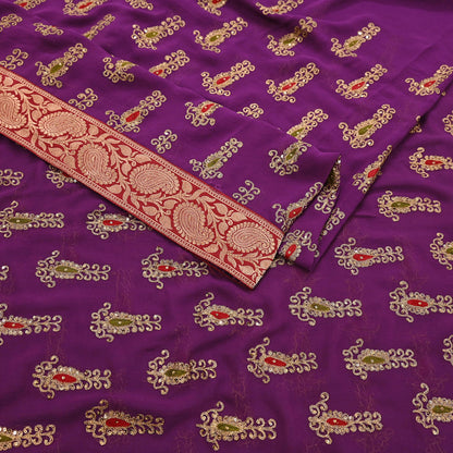 Indian Vintage Heavy Sarees Purple Pure Georgette Silk Hand Embroidered Sari Fabric 5Yd Sewing Ethnic zari with blouse fabric