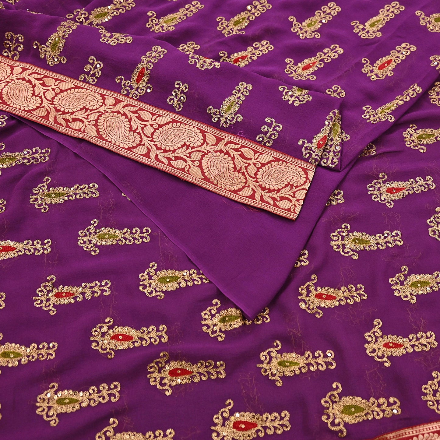 Indian Vintage Heavy Sarees Purple Pure Georgette Silk Hand Embroidered Sari Fabric 5Yd Sewing Ethnic zari with blouse fabric