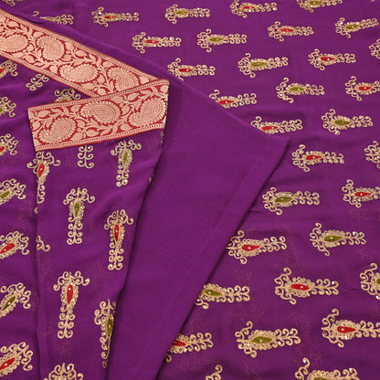 Indian Vintage Heavy Sarees Purple Pure Georgette Silk Hand Embroidered Sari Fabric 5Yd Sewing Ethnic zari with blouse fabric