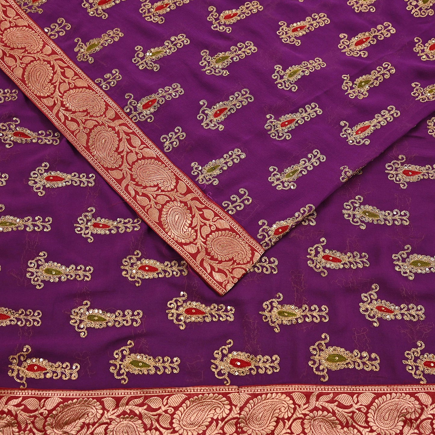 Indian Vintage Heavy Sarees Purple Pure Georgette Silk Hand Embroidered Sari Fabric 5Yd Sewing Ethnic zari with blouse fabric