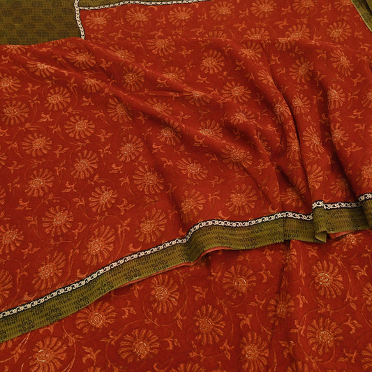 Indian Vintage Sari Green & Orange 100% Pure Georgette Silk Block Printed Sarees Sewing 6yd Craft Soft Dress Designing for Crafting Floral