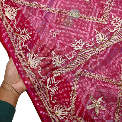 Indian Vintage Pink Saree Hand Embroidered Bandhani Printed Sari 100% Pure Georgette Silk Sari 5yd Soft Craft Fabric Dress making Dabka.