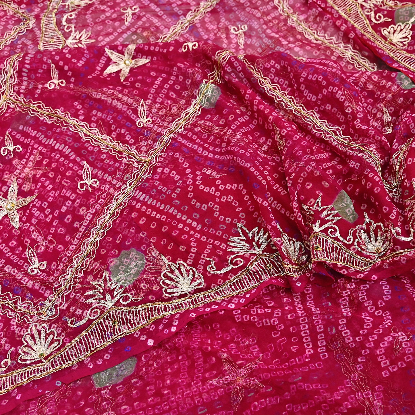 Indian Vintage Pink Saree Hand Embroidered Bandhani Printed Sari 100% Pure Georgette Silk Sari 5yd Soft Craft Fabric Dress making Dabka.