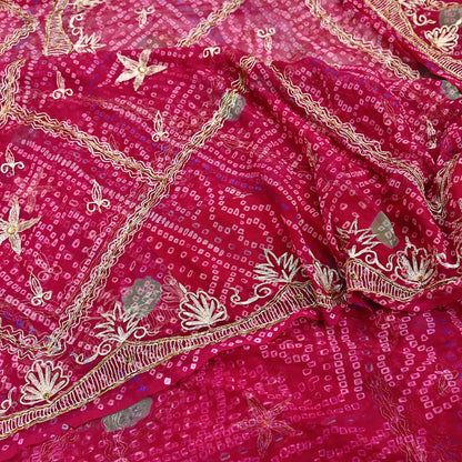 Indian Vintage Pink Saree Hand Embroidered Bandhani Printed Sari 100% Pure Georgette Silk Sari 5yd Soft Craft Fabric Dress making Dabka.