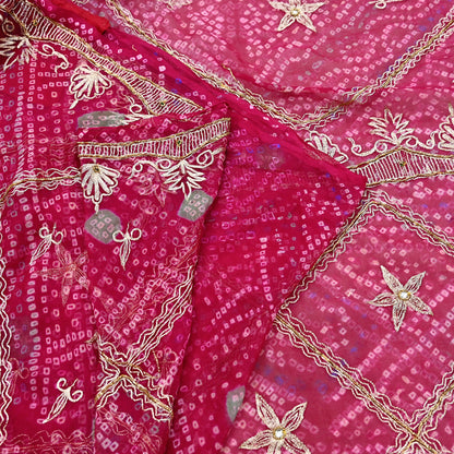 Indian Vintage Pink Saree Hand Embroidered Bandhani Printed Sari 100% Pure Georgette Silk Sari 5yd Soft Craft Fabric Dress making Dabka.