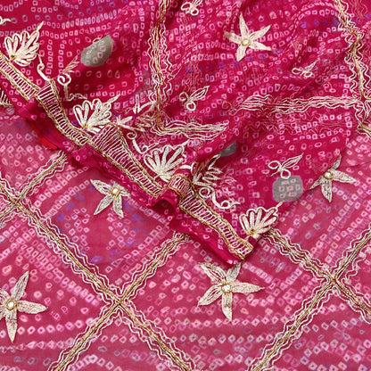 Indian Vintage Pink Saree Hand Embroidered Bandhani Printed Sari 100% Pure Georgette Silk Sari 5yd Soft Craft Fabric Dress making Dabka.