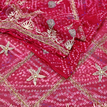 Indian Vintage Pink Saree Hand Embroidered Bandhani Printed Sari 100% Pure Georgette Silk Sari 5yd Soft Craft Fabric Dress making Dabka.