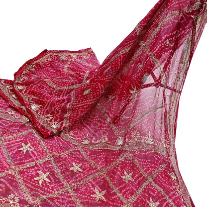 Indian Vintage Pink Saree Hand Embroidered Bandhani Printed Sari 100% Pure Georgette Silk Sari 5yd Soft Craft Fabric Dress making Dabka.