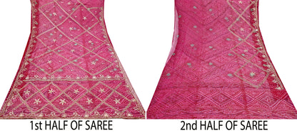Indian Vintage Pink Saree Hand Embroidered Bandhani Printed Sari 100% Pure Georgette Silk Sari 5yd Soft Craft Fabric Dress making Dabka.