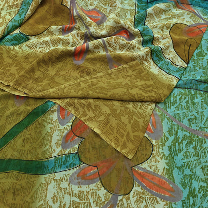 Women Vintage Sari Green 100% Pure Georgette Silk Printed Saree Craft Fabric Sewing 5Yd Soft Sari Dress Making Crafting Quilting