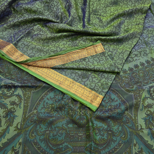 Vintage Green Pure Silk Saree Indian Printed Silk Fabric 5 Yards Boho Craft Material for Sewing, Quilting, Dressmaking, Upcycling