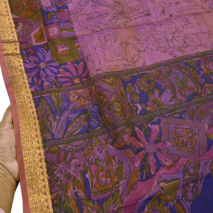 Vintage Purple & brown Pure Silk Saree Indian Printed Silk Fabric 6 Yards Boho Craft Material for Sewing, Quilting, Dressmaking, Upcycling