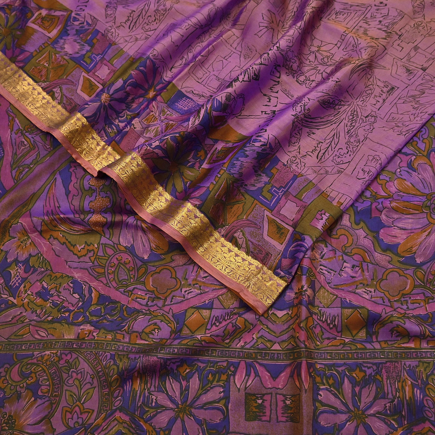 Vintage Purple & brown Pure Silk Saree Indian Printed Silk Fabric 6 Yards Boho Craft Material for Sewing, Quilting, Dressmaking, Upcycling