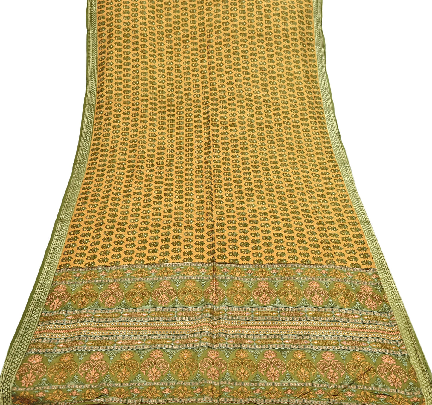 Vintage Green & mustard Pure Silk Saree Indian Printed Silk Fabric 5 Yards Boho Craft Material for Sewing, Quilting, Dressmaking, Upcycling