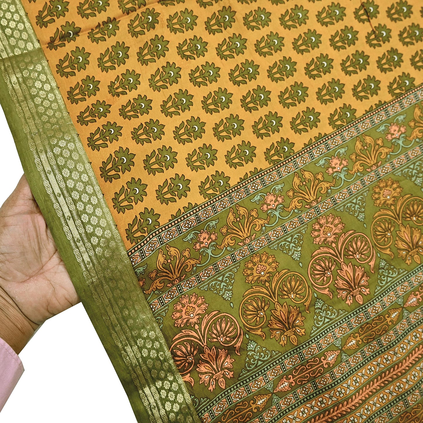 Vintage Green & mustard Pure Silk Saree Indian Printed Silk Fabric 5 Yards Boho Craft Material for Sewing, Quilting, Dressmaking, Upcycling