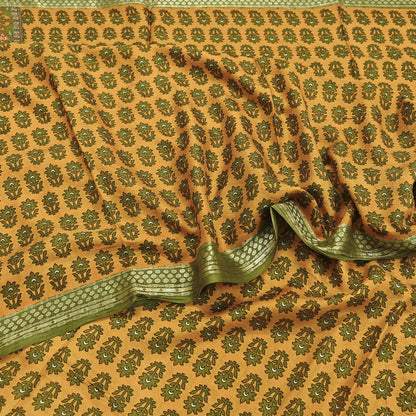 Vintage Green & mustard Pure Silk Saree Indian Printed Silk Fabric 5 Yards Boho Craft Material for Sewing, Quilting, Dressmaking, Upcycling