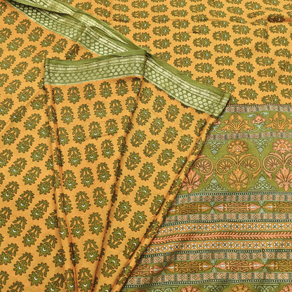 Vintage Green & mustard Pure Silk Saree Indian Printed Silk Fabric 5 Yards Boho Craft Material for Sewing, Quilting, Dressmaking, Upcycling