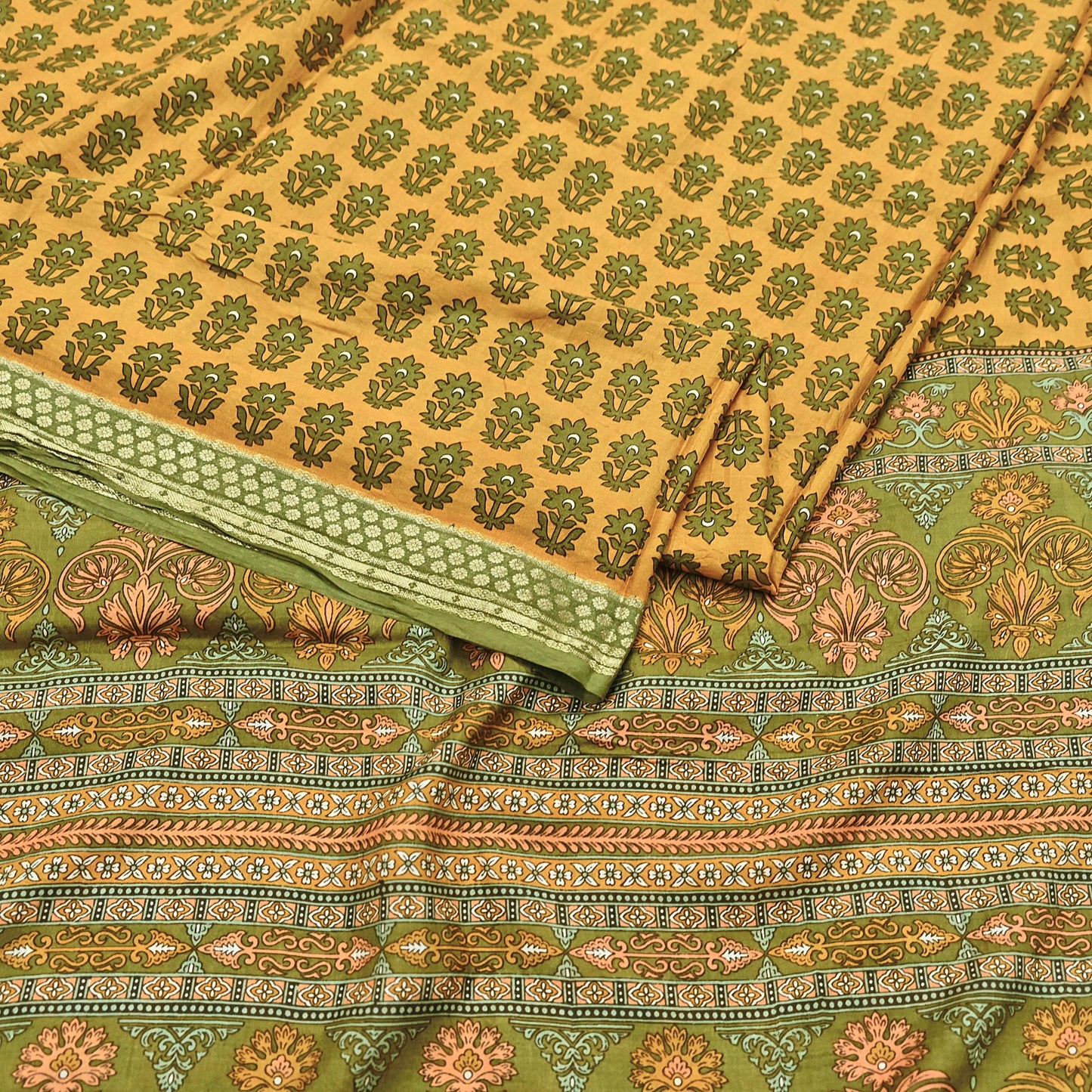 Vintage Green & mustard Pure Silk Saree Indian Printed Silk Fabric 5 Yards Boho Craft Material for Sewing, Quilting, Dressmaking, Upcycling
