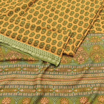 Vintage Green & mustard Pure Silk Saree Indian Printed Silk Fabric 5 Yards Boho Craft Material for Sewing, Quilting, Dressmaking, Upcycling
