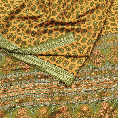 Vintage Green & mustard Pure Silk Saree Indian Printed Silk Fabric 5 Yards Boho Craft Material for Sewing, Quilting, Dressmaking, Upcycling