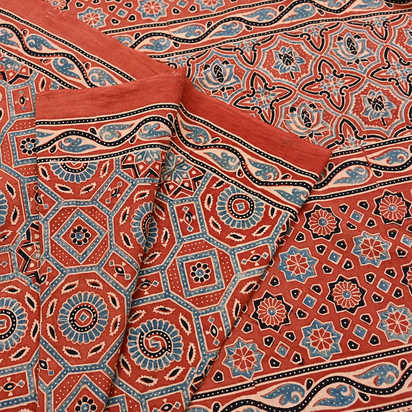 Indian Vintage Sari Rusty Orange pure cotton Ajrakh Print Saree 5Yd Fabric Floral Soft Ethnic Upcycle Crafting Dress making