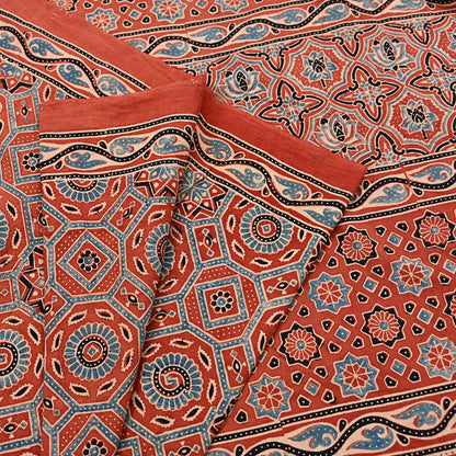 Indian Vintage Sari Rusty Orange pure cotton Ajrakh Print Saree 5Yd Fabric Floral Soft Ethnic Upcycle Crafting Dress making