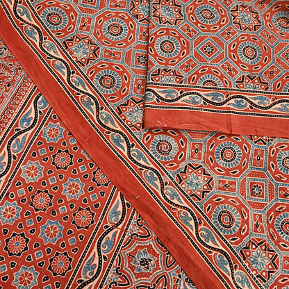 Indian Vintage Sari Rusty Orange pure cotton Ajrakh Print Saree 5Yd Fabric Floral Soft Ethnic Upcycle Crafting Dress making