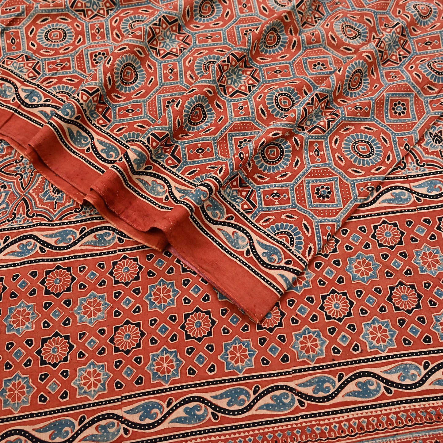 Indian Vintage Sari Rusty Orange pure cotton Ajrakh Print Saree 5Yd Fabric Floral Soft Ethnic Upcycle Crafting Dress making