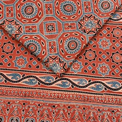 Indian Vintage Sari Rusty Orange pure cotton Ajrakh Print Saree 5Yd Fabric Floral Soft Ethnic Upcycle Crafting Dress making