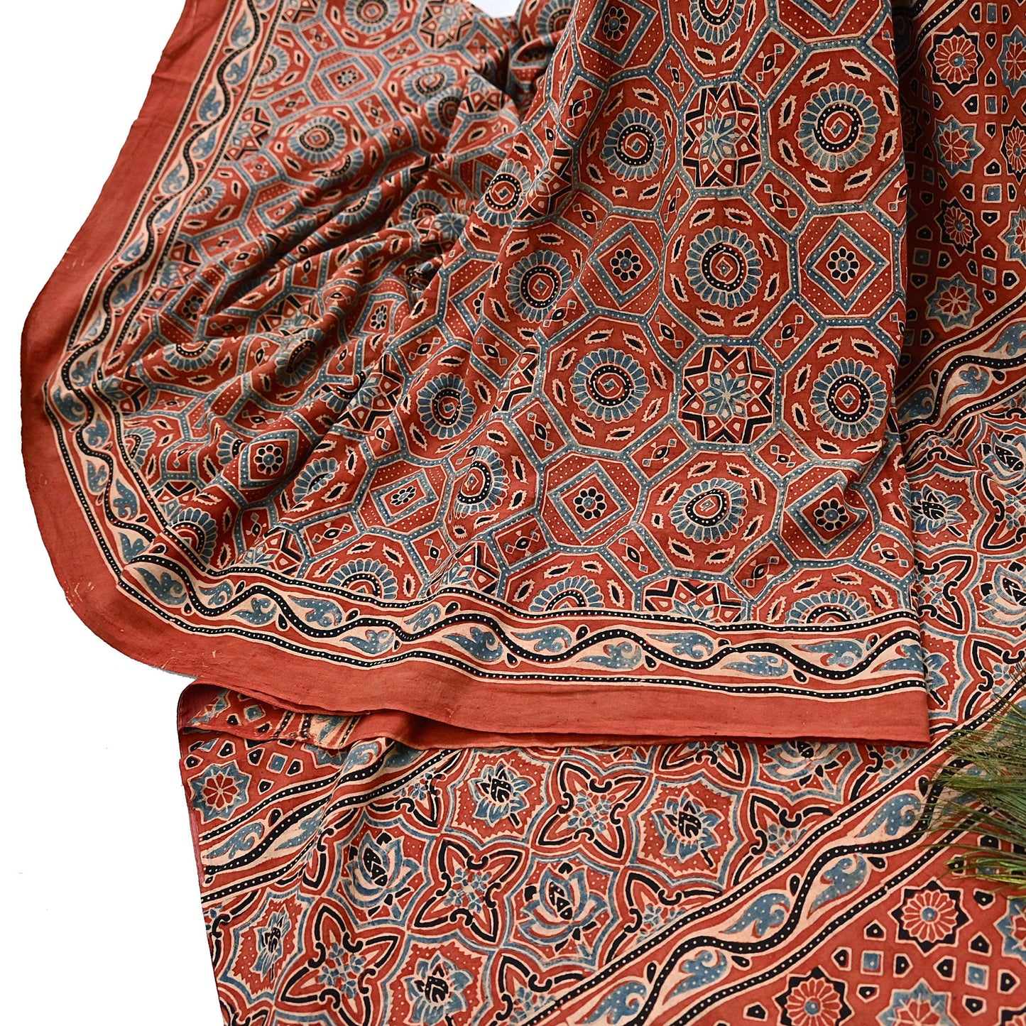 Indian Vintage Sari Rusty Orange pure cotton Ajrakh Print Saree 5Yd Fabric Floral Soft Ethnic Upcycle Crafting Dress making