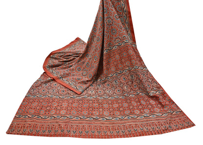 Indian Vintage Sari Rusty Orange pure cotton Ajrakh Print Saree 5Yd Fabric Floral Soft Ethnic Upcycle Crafting Dress making