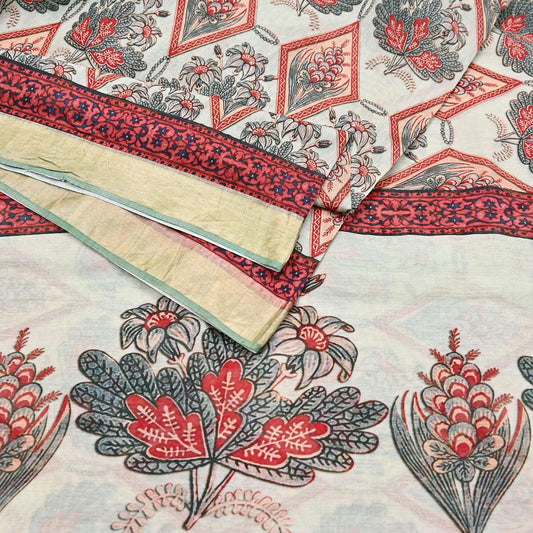 Indian Vintage Green Block Printed Pure Chanderi Silk Saree Floral Zari Border 5 Yards Soft Craft Fabric for Upcycling, Dressmaking,