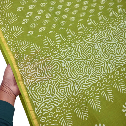 Indian Vintage Sari Green chanderi Silk Bagru Printed Saree 5Yd Fabric Floral Soft Zari Border Ethnic Upcycle Crafting Dress making
