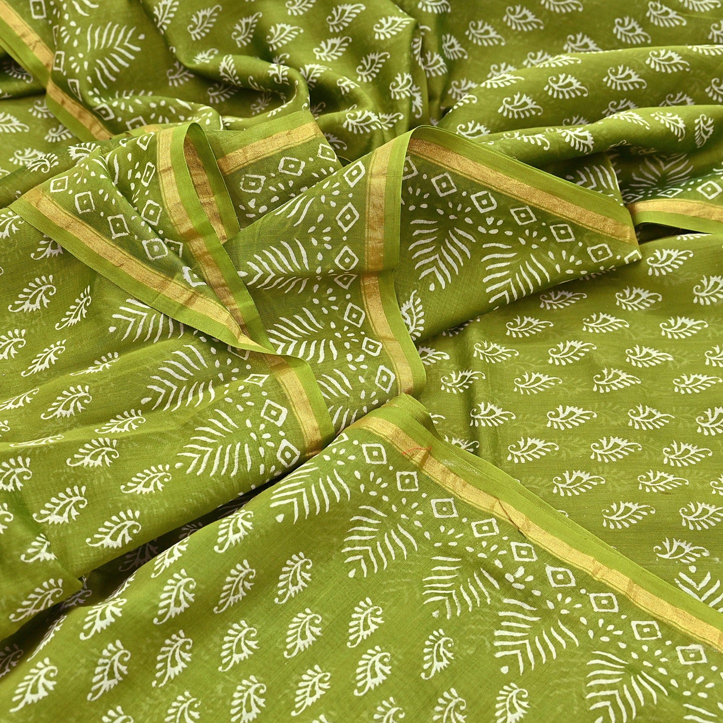 Indian Vintage Sari Green chanderi Silk Bagru Printed Saree 5Yd Fabric Floral Soft Zari Border Ethnic Upcycle Crafting Dress making