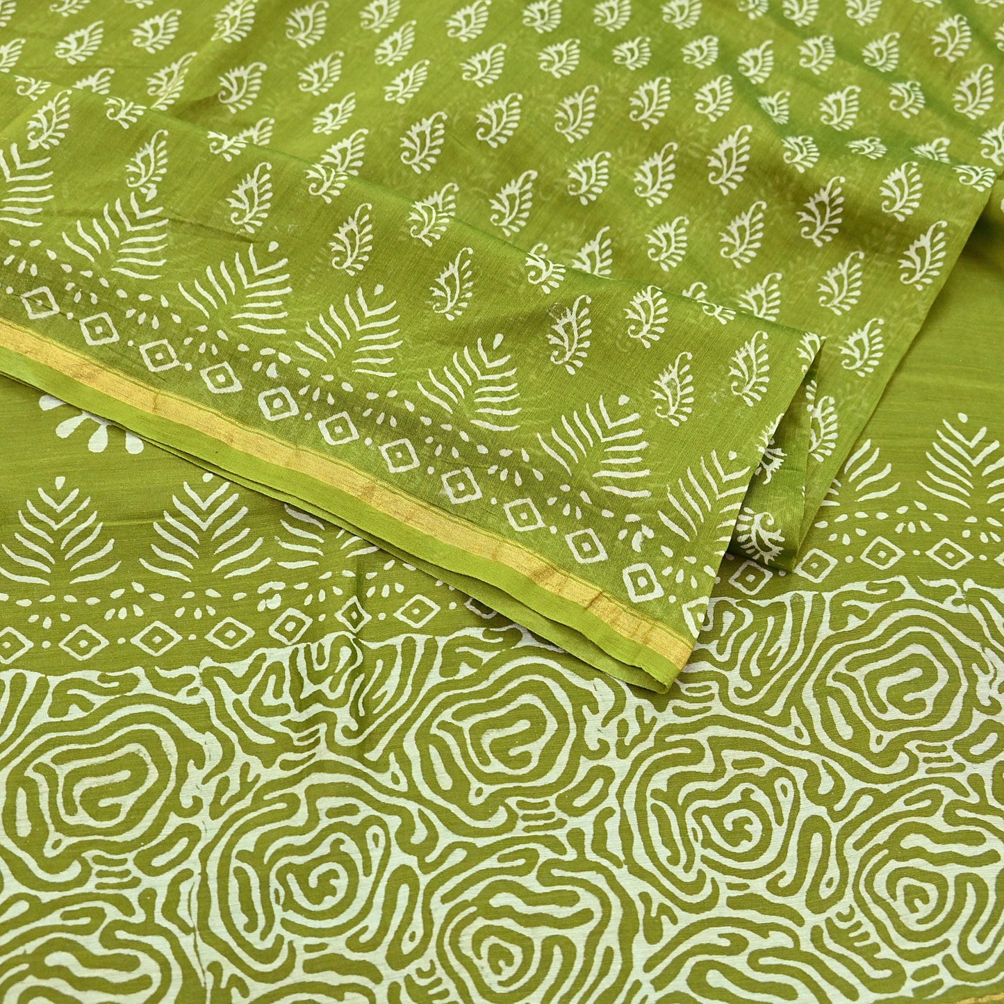 Indian Vintage Sari Green chanderi Silk Bagru Printed Saree 5Yd Fabric Floral Soft Zari Border Ethnic Upcycle Crafting Dress making