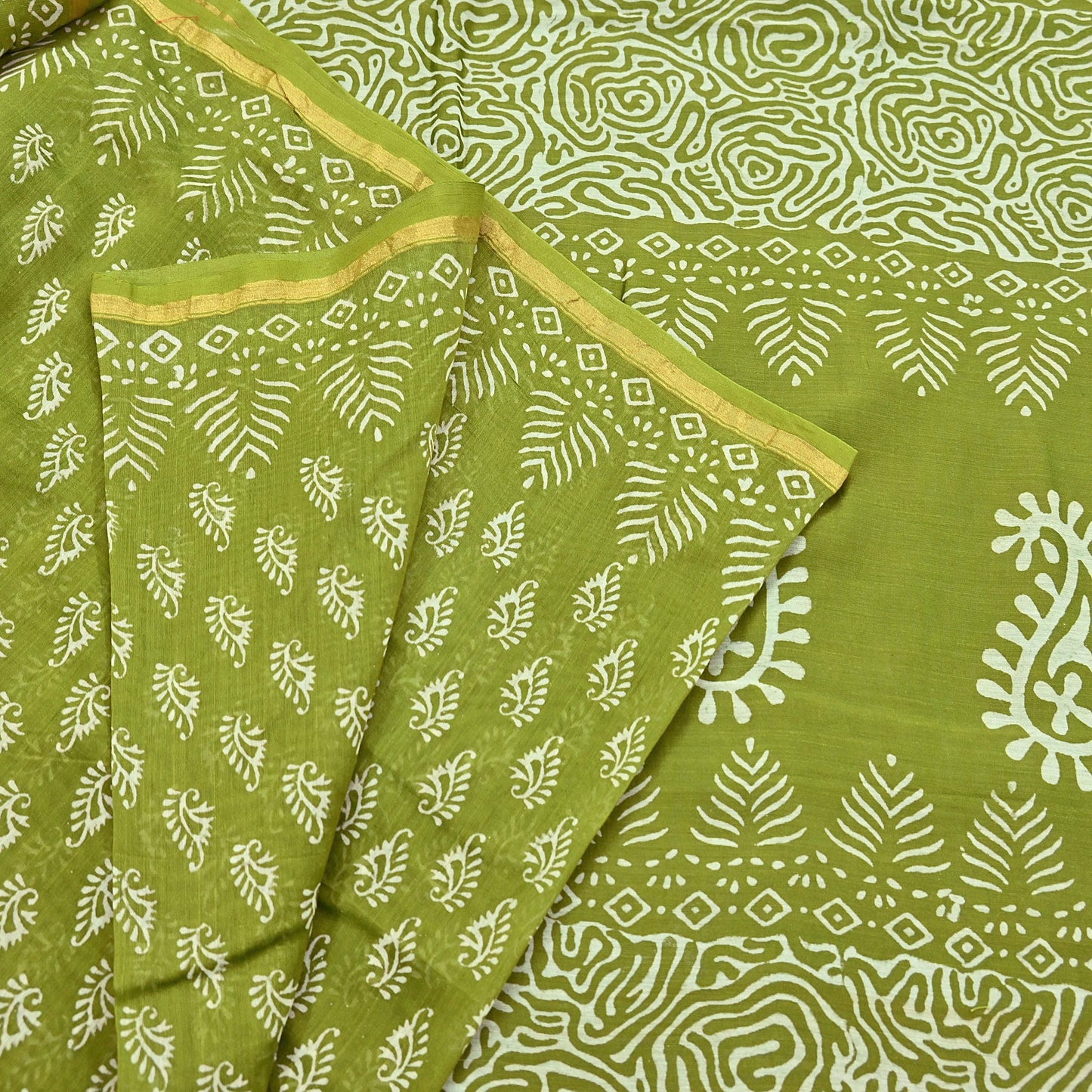 Indian Vintage Sari Green chanderi Silk Bagru Printed Saree 5Yd Fabric Floral Soft Zari Border Ethnic Upcycle Crafting Dress making