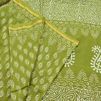 Indian Vintage Sari Green chanderi Silk Bagru Printed Saree 5Yd Fabric Floral Soft Zari Border Ethnic Upcycle Crafting Dress making