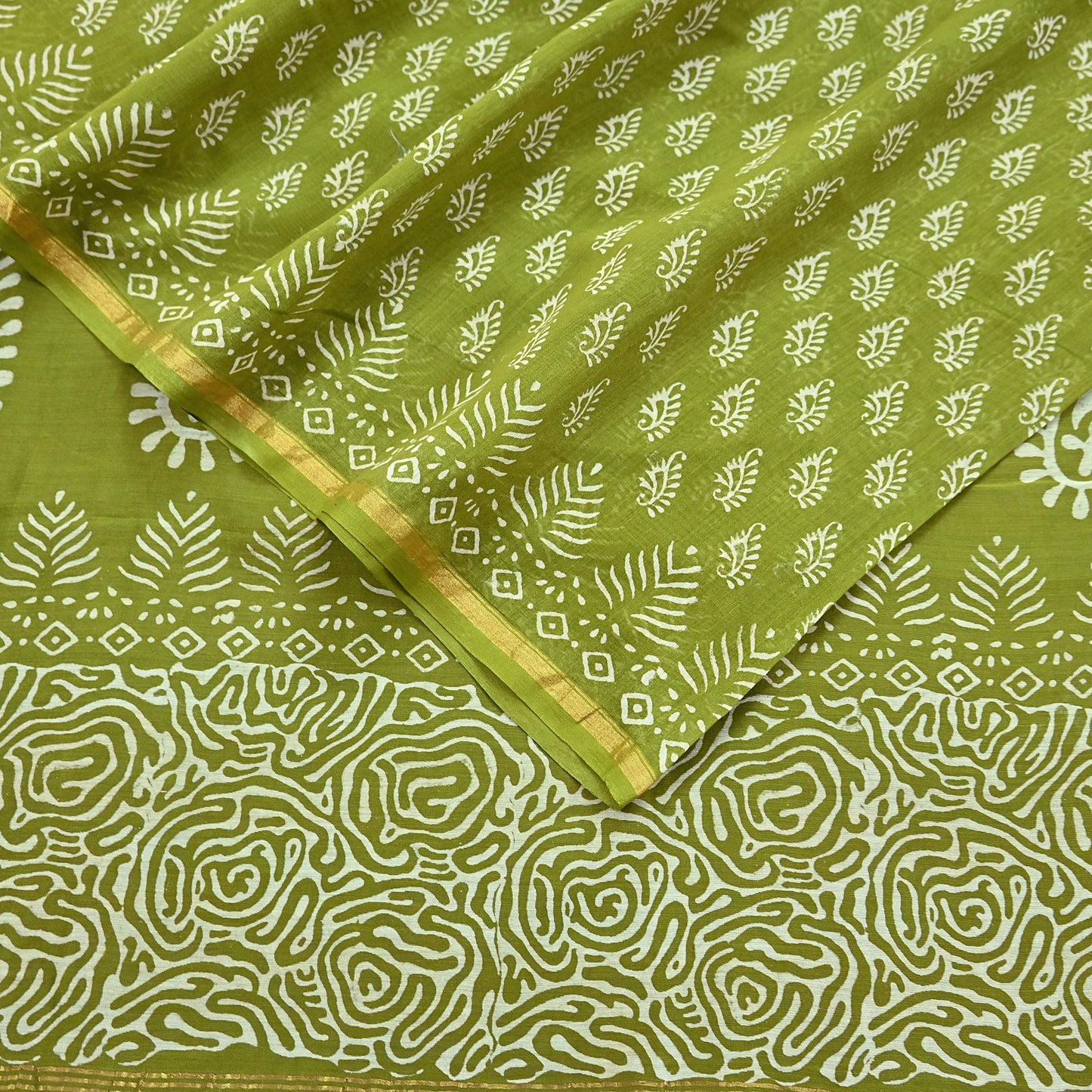 Indian Vintage Sari Green chanderi Silk Bagru Printed Saree 5Yd Fabric Floral Soft Zari Border Ethnic Upcycle Crafting Dress making