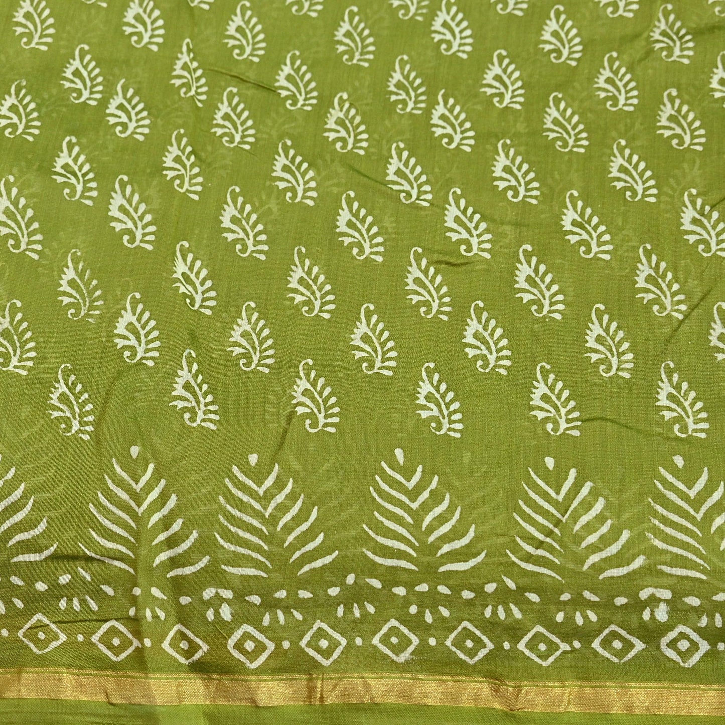 Indian Vintage Sari Green chanderi Silk Bagru Printed Saree 5Yd Fabric Floral Soft Zari Border Ethnic Upcycle Crafting Dress making