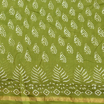 Indian Vintage Sari Green chanderi Silk Bagru Printed Saree 5Yd Fabric Floral Soft Zari Border Ethnic Upcycle Crafting Dress making