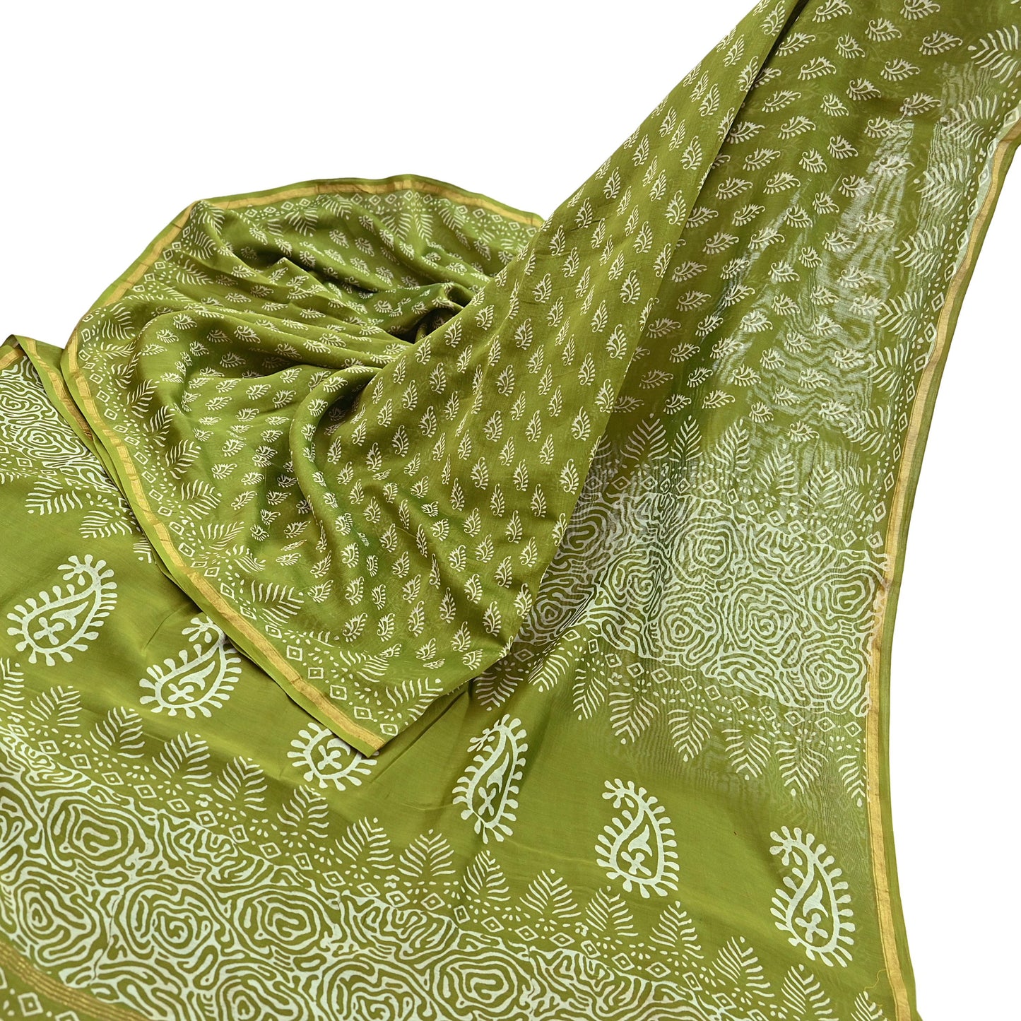 Indian Vintage Sari Green chanderi Silk Bagru Printed Saree 5Yd Fabric Floral Soft Zari Border Ethnic Upcycle Crafting Dress making