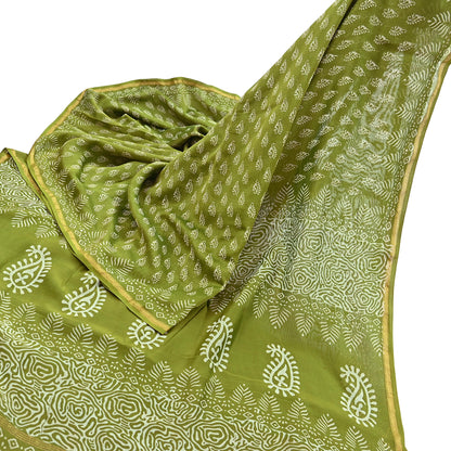 Indian Vintage Sari Green chanderi Silk Bagru Printed Saree 5Yd Fabric Floral Soft Zari Border Ethnic Upcycle Crafting Dress making