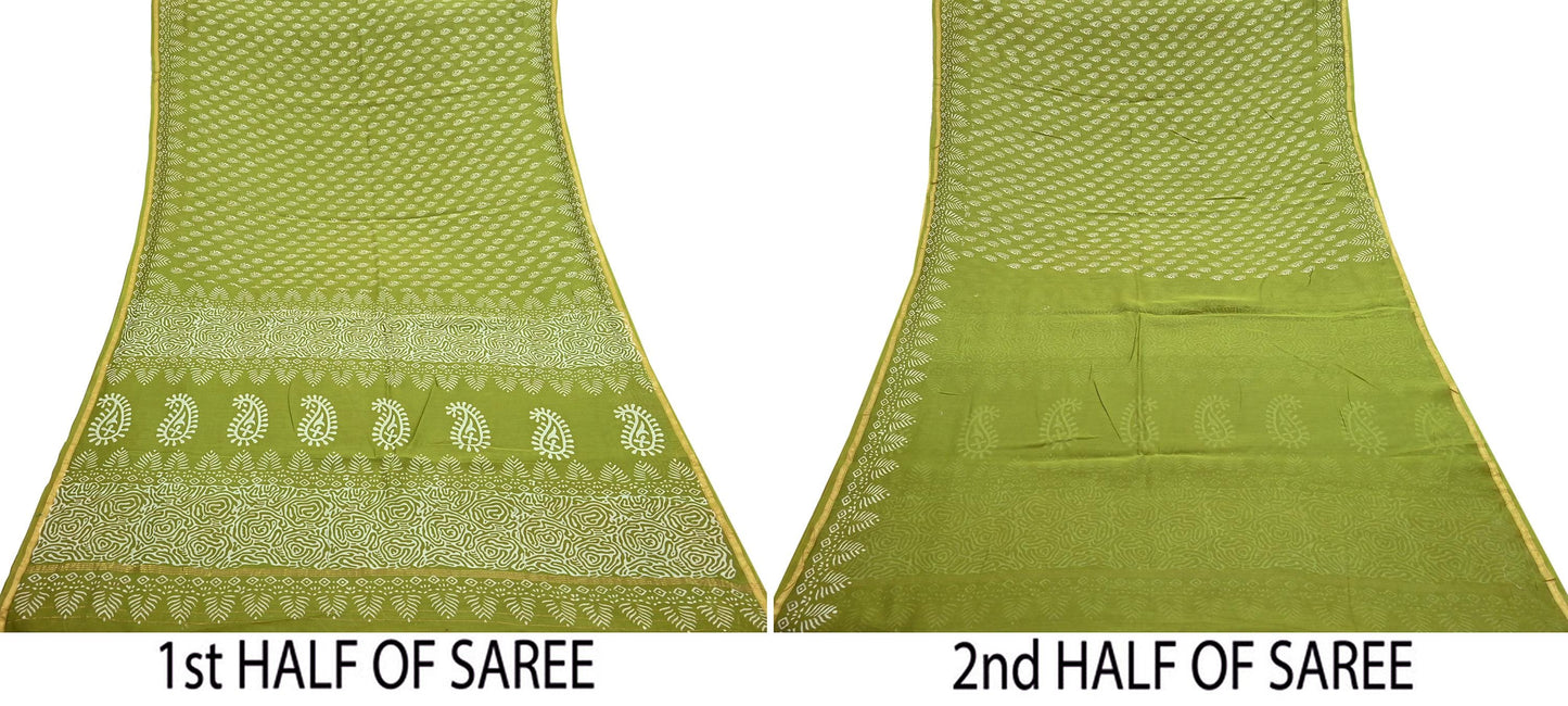 Indian Vintage Sari Green chanderi Silk Bagru Printed Saree 5Yd Fabric Floral Soft Zari Border Ethnic Upcycle Crafting Dress making