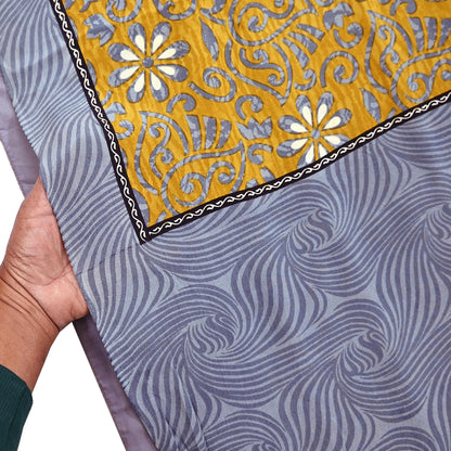 Indian Vintage Sari Gray & Mustard Pure Crepe Silk Printed Sarees 5yd Sewing Soft Craft Fabric Wrap Dress Making Crafting Quilting Upcycle