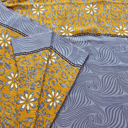 Indian Vintage Sari Gray & Mustard Pure Crepe Silk Printed Sarees 5yd Sewing Soft Craft Fabric Wrap Dress Making Crafting Quilting Upcycle